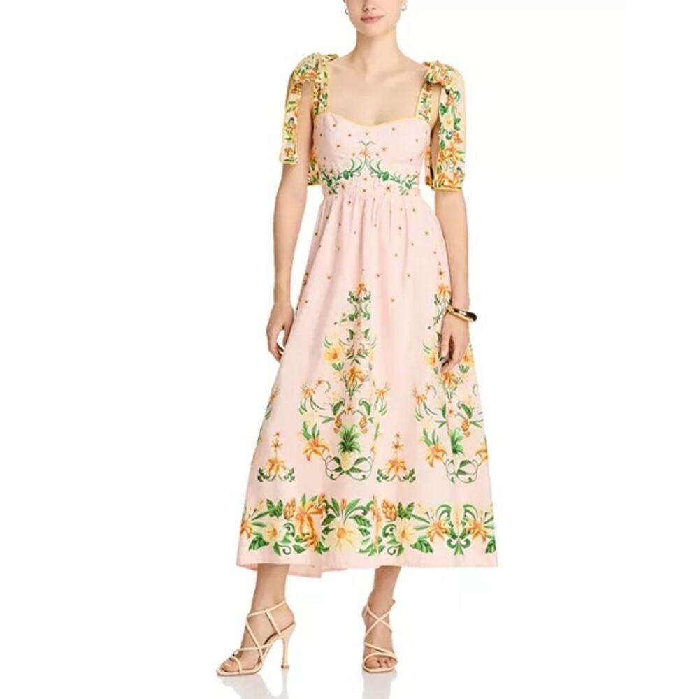 NWOT FARM Rio Botanical Beauty Pink Laces Cup Midi Dress Sz XL